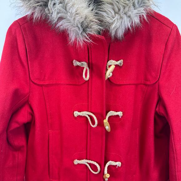 American Eagle Wool Blend Red Fur Hood Toggle Button Pea Coat Womens Large - Picture 5 of 16